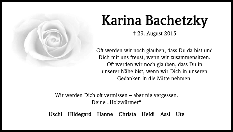  Traueranzeige für KArina Bachetzky vom 09.09.2015 aus Kölner Stadt-Anzeiger / Kölnische Rundschau / Express