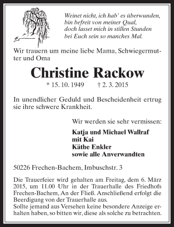 Anzeige von Christine Rackow von  Wochenende 
