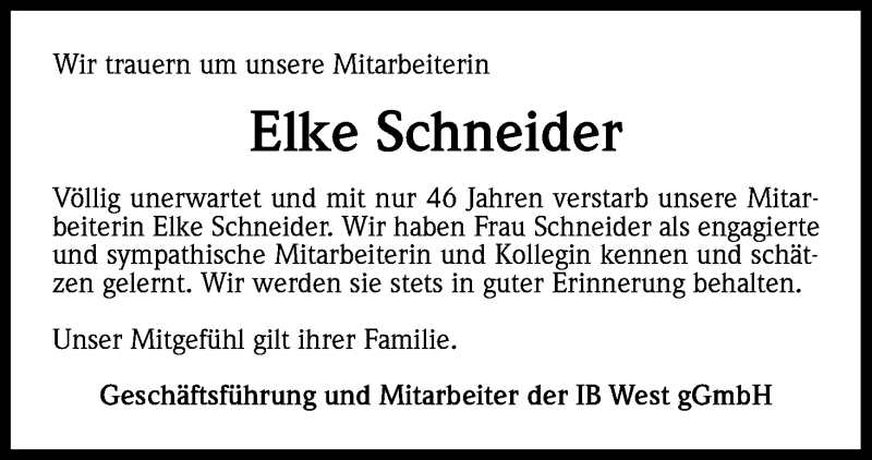  Traueranzeige für Elke Schneider vom 10.10.2015 aus Kölner Stadt-Anzeiger / Kölnische Rundschau / Express