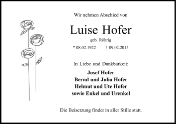 Anzeige von Luise Hofer von Kölner Stadt-Anzeiger / Kölnische Rundschau / Express