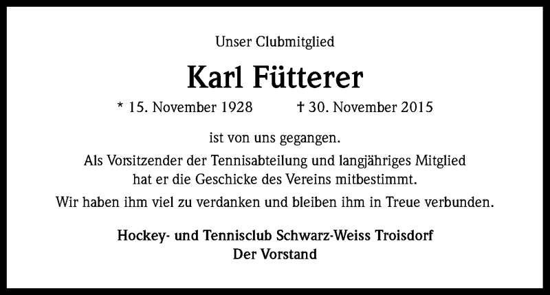  Traueranzeige für Karl Fütterer vom 07.12.2015 aus Kölner Stadt-Anzeiger / Kölnische Rundschau / Express