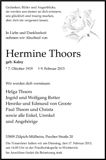 Anzeige von Hermine Thoors von Kölner Stadt-Anzeiger / Kölnische Rundschau / Express