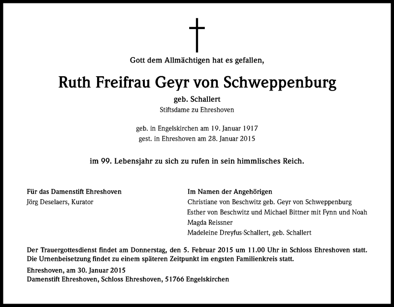  Traueranzeige für Ruth Freifrau Geyr von Schweppenburg vom 31.01.2015 aus Kölner Stadt-Anzeiger / Kölnische Rundschau / Express