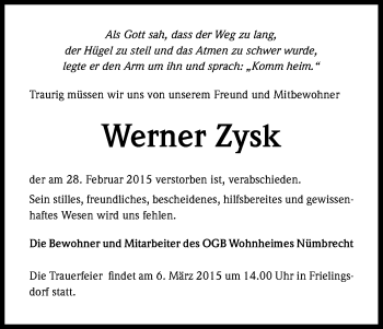 Anzeige von Werner Zysk von Kölner Stadt-Anzeiger / Kölnische Rundschau / Express