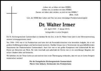Anzeige von Walter Irmer von Kölner Stadt-Anzeiger / Kölnische Rundschau / Express