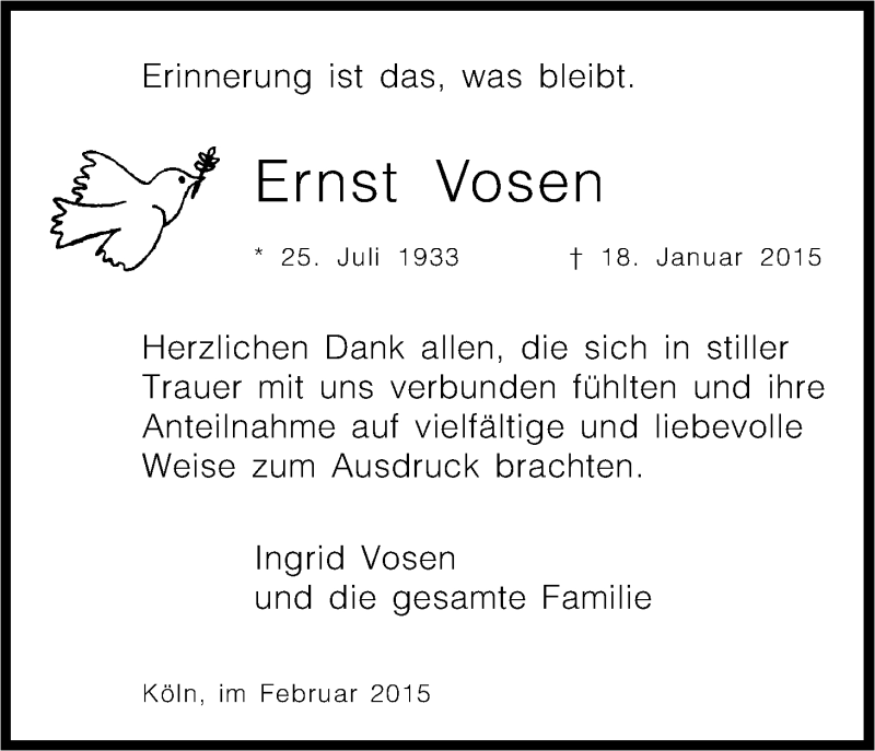  Traueranzeige für Ernst Vosen vom 21.02.2015 aus Kölner Stadt-Anzeiger / Kölnische Rundschau / Express