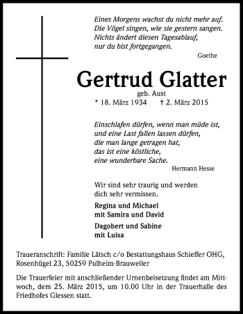 Anzeige von Gertrud Glatter von Kölner Stadt-Anzeiger / Kölnische Rundschau / Express