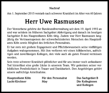 Anzeige von Uwe Rasmussen von Kölner Stadt-Anzeiger / Kölnische Rundschau / Express