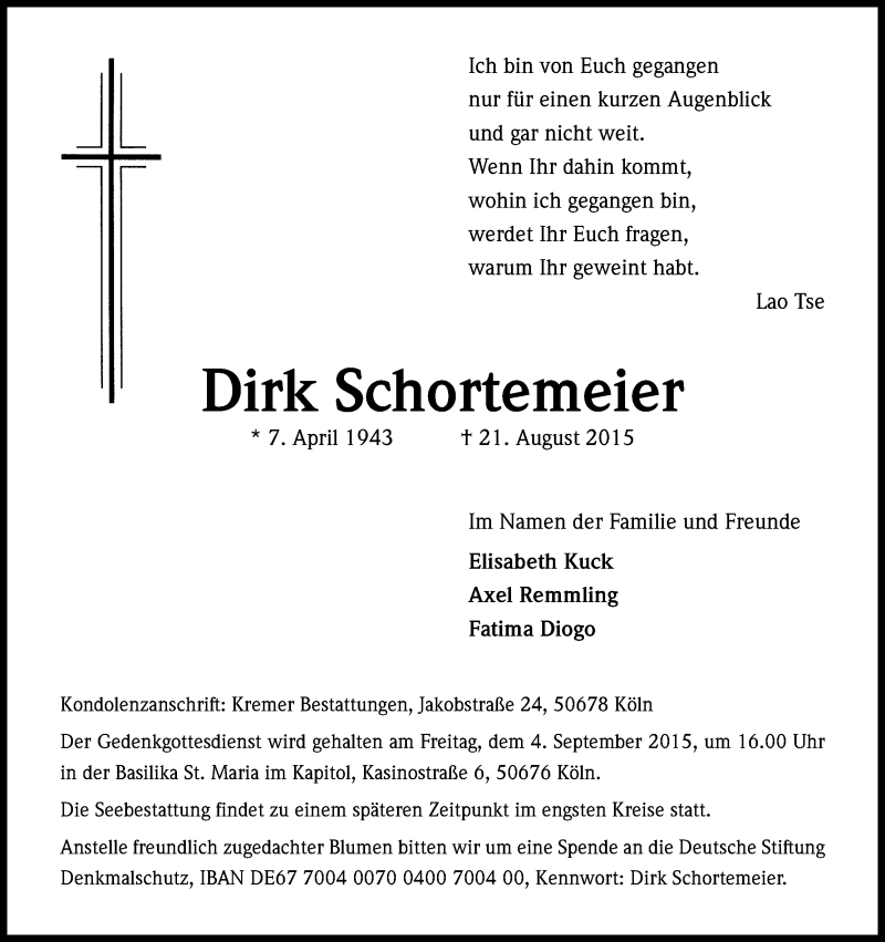  Traueranzeige für Dirk Schortemeier vom 29.08.2015 aus Kölner Stadt-Anzeiger / Kölnische Rundschau / Express