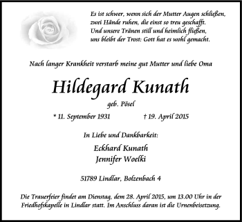 Anzeige von Hildegard Kunath von Kölner Stadt-Anzeiger / Kölnische Rundschau / Express