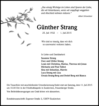 Anzeige von Günther Strang von Kölner Stadt-Anzeiger / Kölnische Rundschau / Express