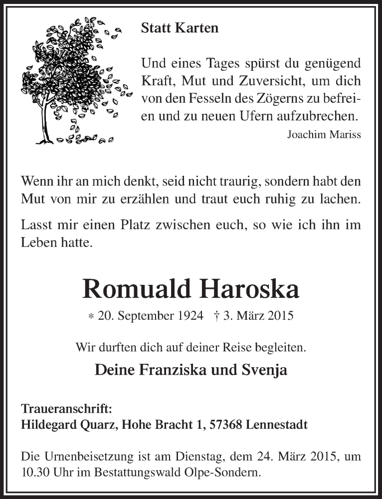  Traueranzeige für Romuald Haroska vom 18.03.2015 aus  Anzeigen Echo 