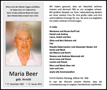 Anzeige von Maria Beer von Kölner Stadt-Anzeiger / Kölnische Rundschau / Express