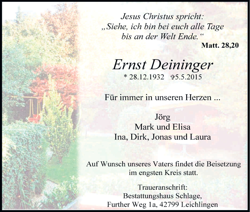  Traueranzeige für Ernst Deininger vom 09.05.2015 aus Kölner Stadt-Anzeiger / Kölnische Rundschau / Express