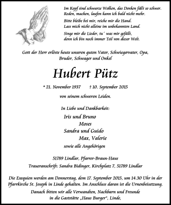 Anzeige von Hubert Pütz von Kölner Stadt-Anzeiger / Kölnische Rundschau / Express