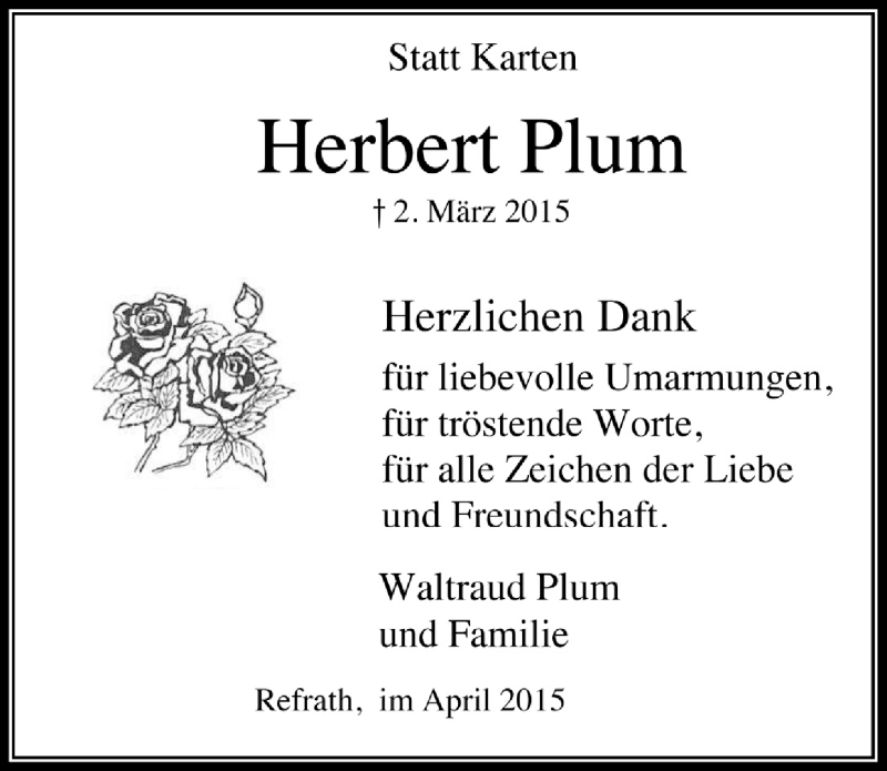  Traueranzeige für Herbert Plum vom 08.04.2015 aus  Bergisches Handelsblatt 
