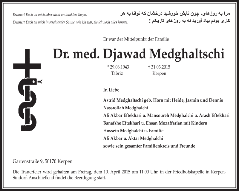  Traueranzeige für Djawad Medghaltschi vom 08.04.2015 aus  Werbepost 