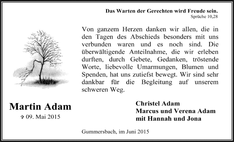  Traueranzeige für Martin Adam vom 24.06.2015 aus  Anzeigen Echo 
