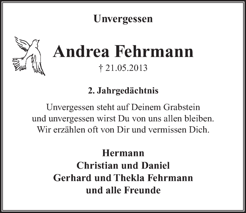  Traueranzeige für Andrea Fehrmann vom 20.05.2015 aus  Extra Blatt 
