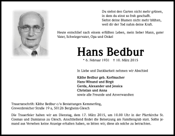Anzeige von Hans Bedbur von Kölner Stadt-Anzeiger / Kölnische Rundschau / Express