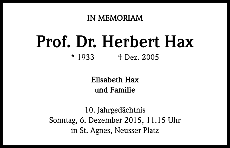  Traueranzeige für Herbert Hax vom 02.12.2015 aus Kölner Stadt-Anzeiger / Kölnische Rundschau / Express