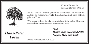Anzeige von Hans-Peter Vosen von  Wochenende 