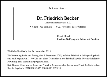 Anzeige von Friedrich Becker von Kölner Stadt-Anzeiger / Kölnische Rundschau / Express