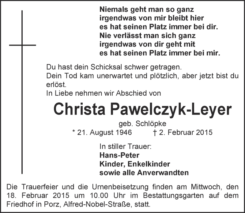  Traueranzeige für Christa Pawelczyk-Leyer vom 11.02.2015 aus  Kölner Wochenspiegel 