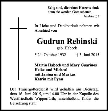 Anzeige von Gudrun Rebinski von Kölner Stadt-Anzeiger / Kölnische Rundschau / Express