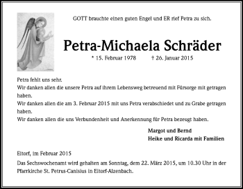 Anzeige von Petra-Michaela Schräder von Kölner Stadt-Anzeiger / Kölnische Rundschau / Express