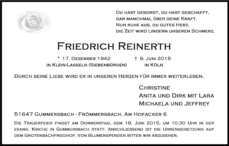  Traueranzeige für Friedrich Reinerth vom 13.06.2015 aus Kölner Stadt-Anzeiger / Kölnische Rundschau / Express