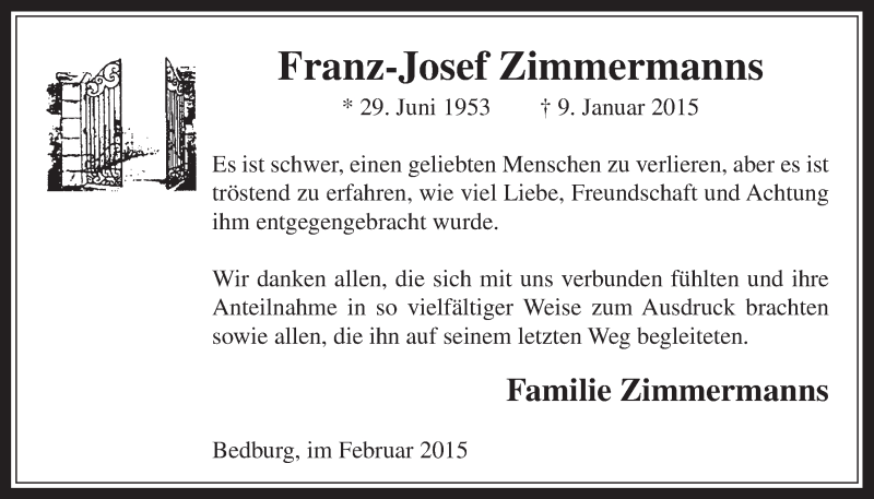  Traueranzeige für Franz-Josef Zimmermanns vom 11.02.2015 aus  Werbepost 