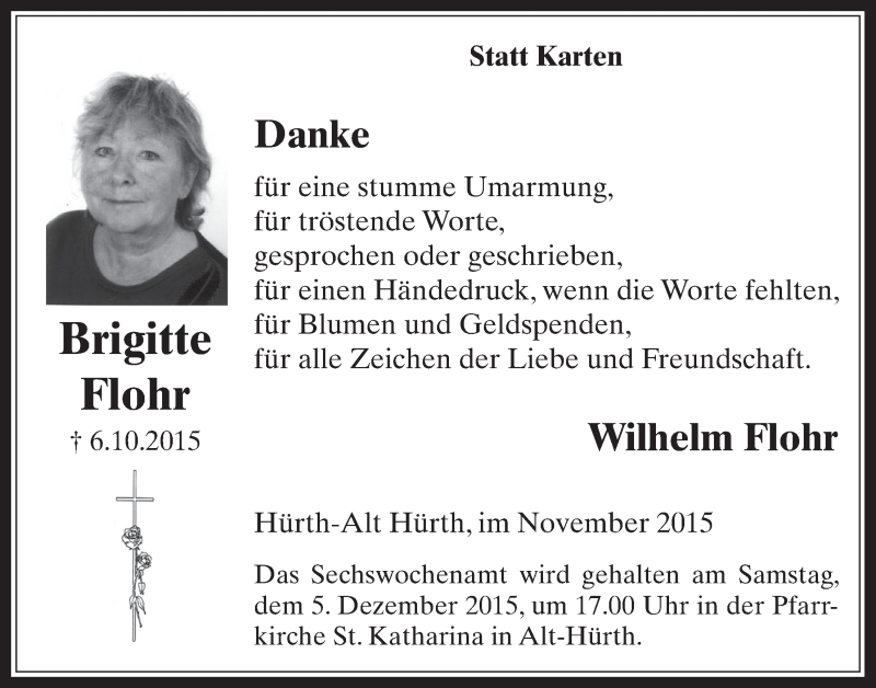  Traueranzeige für Brigitte Flohr vom 18.11.2015 aus  Wochenende 