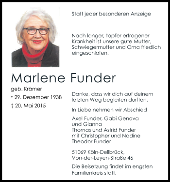 Anzeige von Marlene Funder von Kölner Stadt-Anzeiger / Kölnische Rundschau / Express