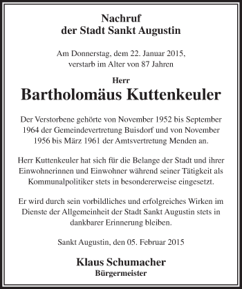 Anzeige von Bartholomäus Kuttenkeuler von  Extra Blatt 