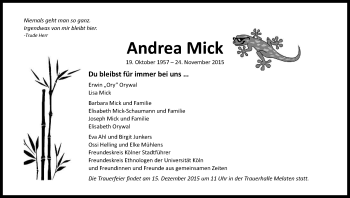 Anzeige von Andrea Mick von Kölner Stadt-Anzeiger / Kölnische Rundschau / Express
