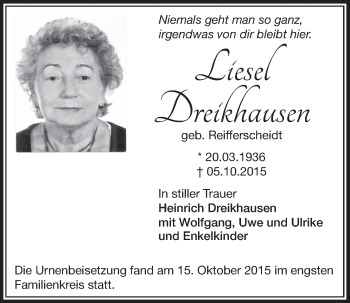 Anzeige von Liesel Dreikhausen von  Schlossbote/Werbekurier 