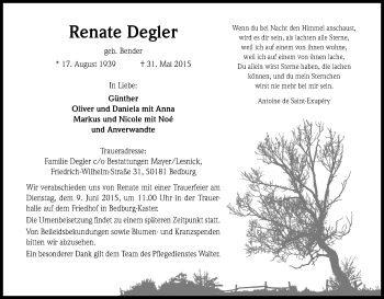 Anzeige von Renate Degler von Kölner Stadt-Anzeiger / Kölnische Rundschau / Express