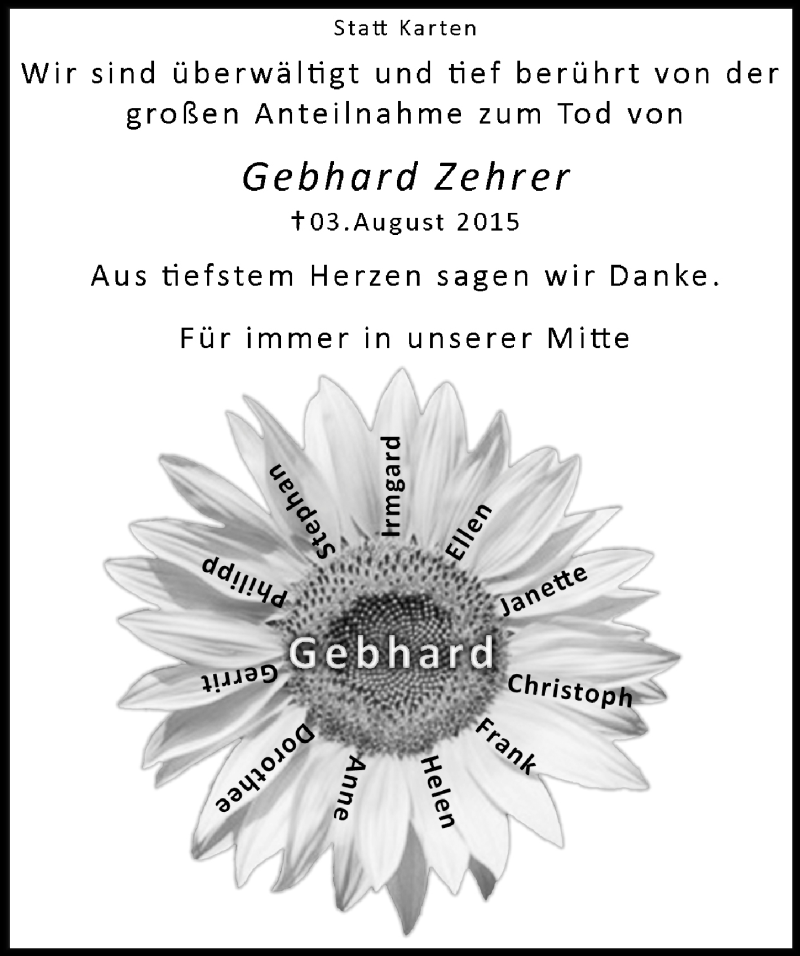  Traueranzeige für Gebhard Zehrer vom 26.08.2015 aus  Kölner Wochenspiegel 