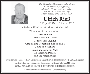 Anzeige von Ulrich Rieß von  Sonntags-Post 