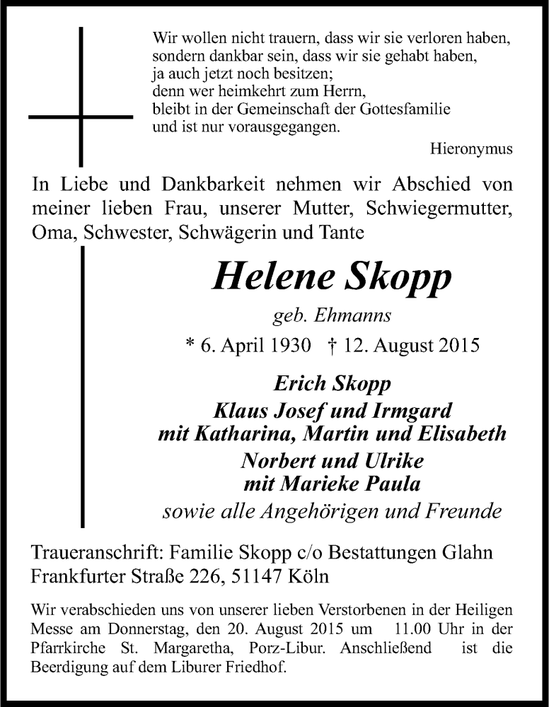  Traueranzeige für Helene Skopp vom 15.08.2015 aus Kölner Stadt-Anzeiger / Kölnische Rundschau / Express