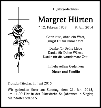 Anzeige von Margret Hürten von Kölner Stadt-Anzeiger / Kölnische Rundschau / Express