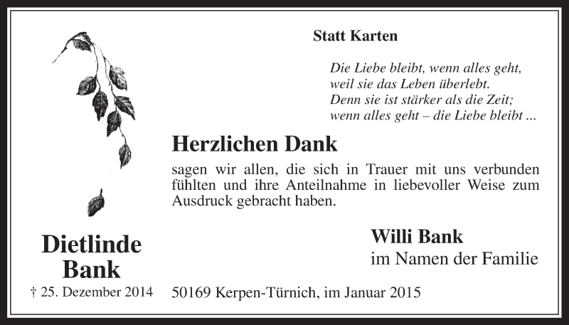  Traueranzeige für Dietlinde Bank vom 28.01.2015 aus  Werbepost 