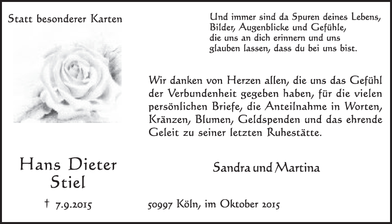  Traueranzeige für Hans Dieter Stiel vom 07.10.2015 aus  Schlossbote/Werbekurier 