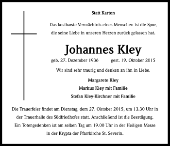 Anzeige von Johannes Kley von Kölner Stadt-Anzeiger / Kölnische Rundschau / Express