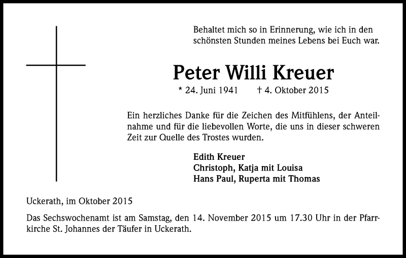  Traueranzeige für Peter Willi Kreuer vom 31.10.2015 aus Kölner Stadt-Anzeiger / Kölnische Rundschau / Express