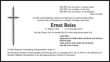 Anzeige von Ernst Reiss von Kölner Stadt-Anzeiger / Kölnische Rundschau / Express
