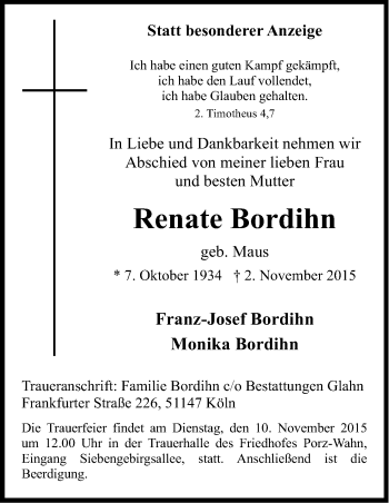 Anzeige von Renate Bordihn von Kölner Stadt-Anzeiger / Kölnische Rundschau / Express