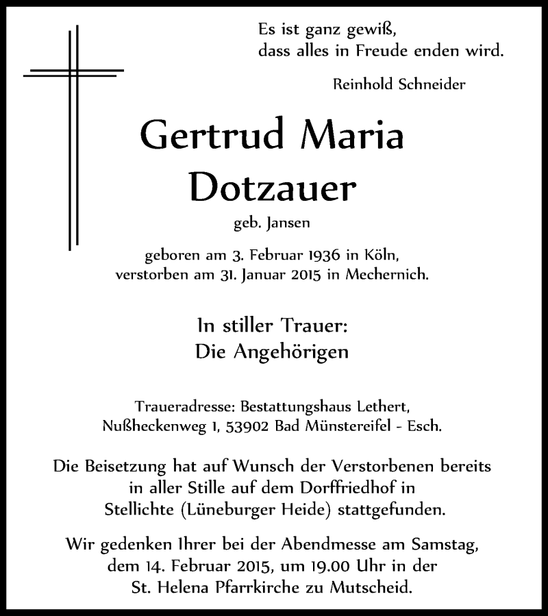  Traueranzeige für Gertrud Maria Dotzauer vom 11.02.2015 aus Kölner Stadt-Anzeiger / Kölnische Rundschau / Express