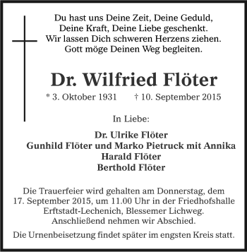 Anzeige von Wilfried Flöter von Kölner Stadt-Anzeiger / Kölnische Rundschau / Express